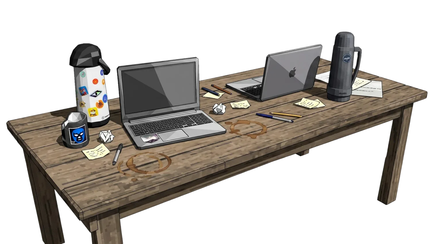 Mesa de madeira com dois notebooks, uma garrafa térmica e um microfone