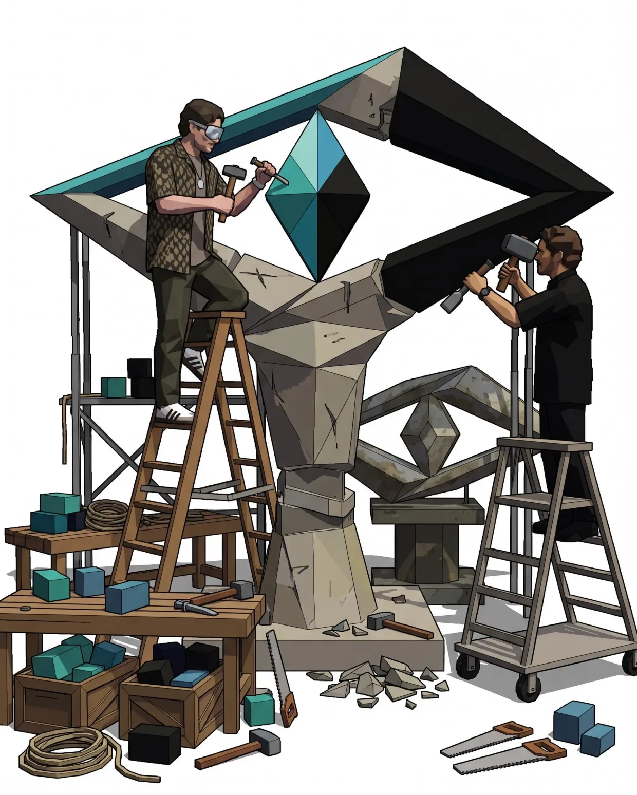 Ilustração de dois designers montando o losango da Visant sobre andaimes