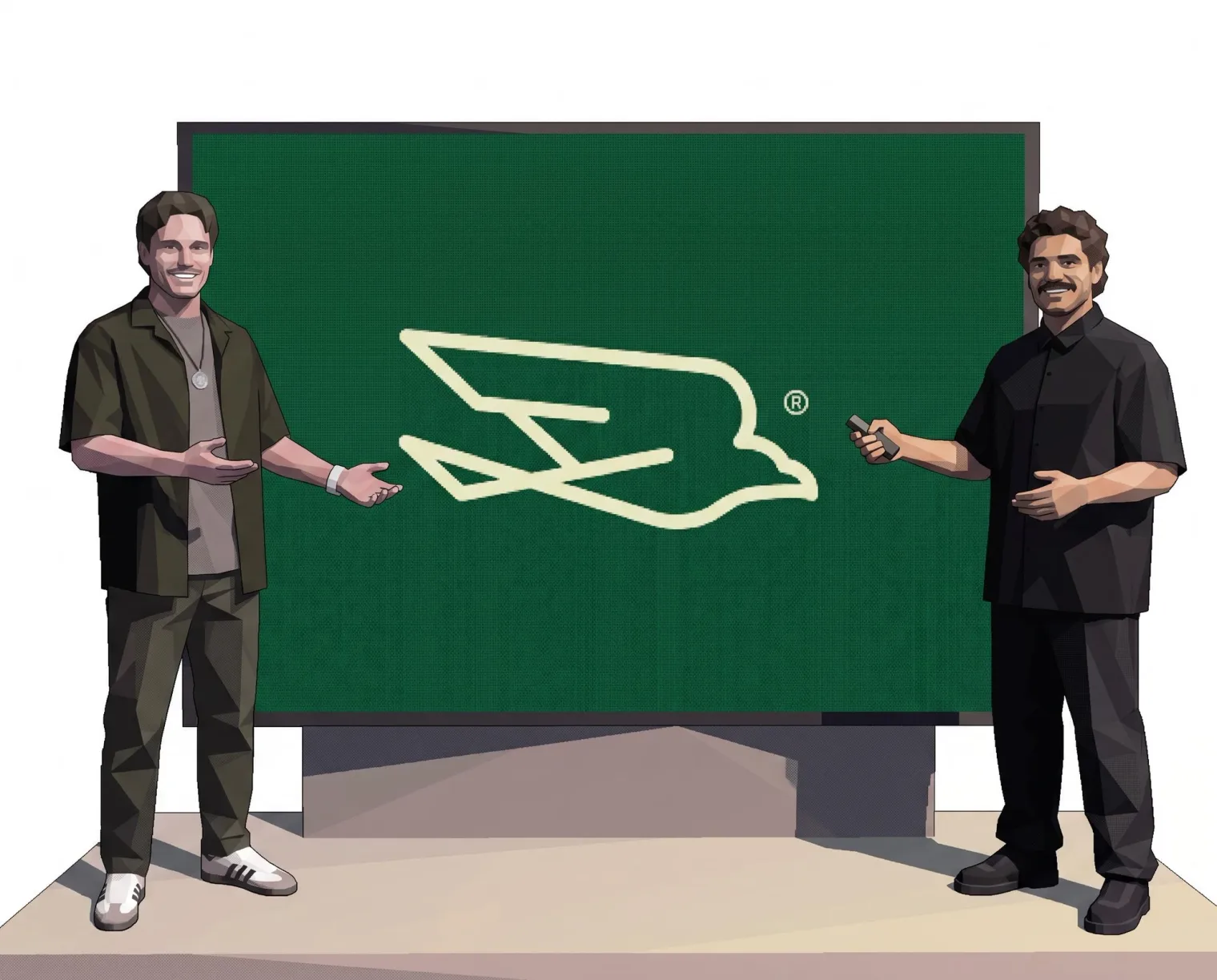 Os dois fundadores diante de um quadro verde com o losango desenhado