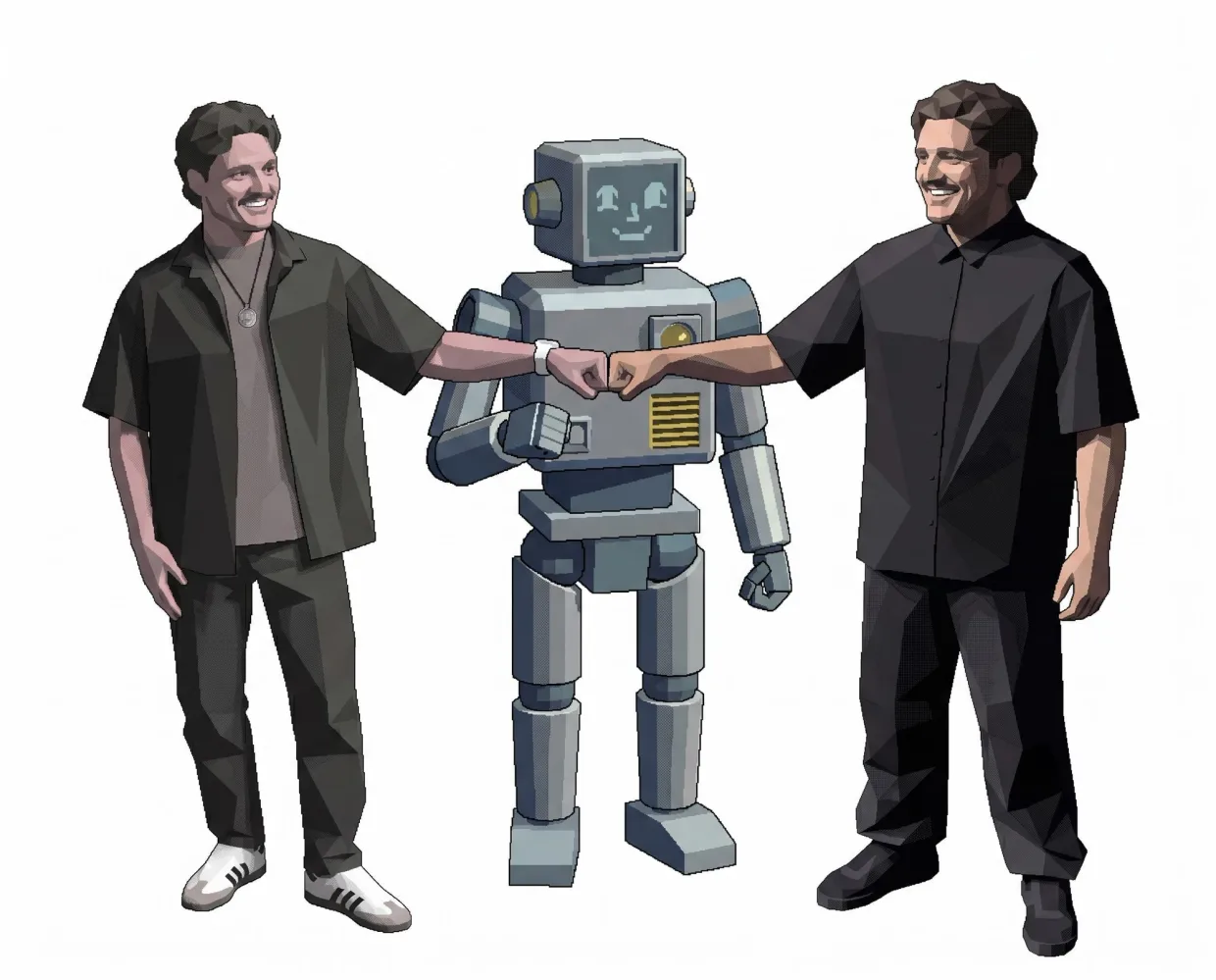 Ilustração dos dois fundadores de mãos dadas com um robô
