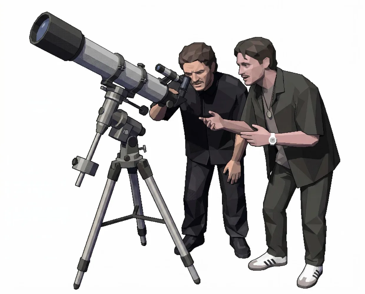 Ilustração dos dois fundadores olhando por um telescópio